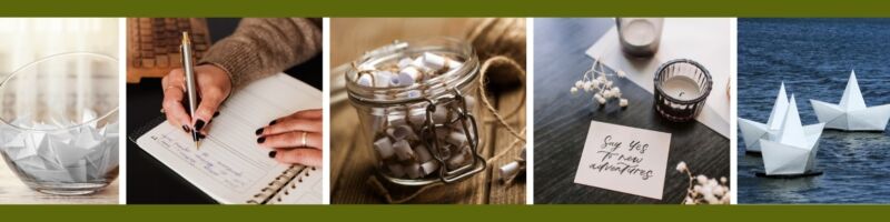 Papierschnipsel Tagesimpulse Papierschiffchen Glas mit Natur-Snacks